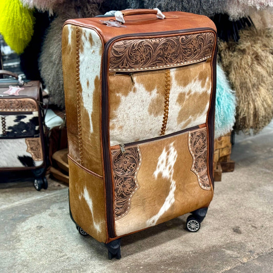 Western Linens - Tooled Cowhide Rolling Luggage XL