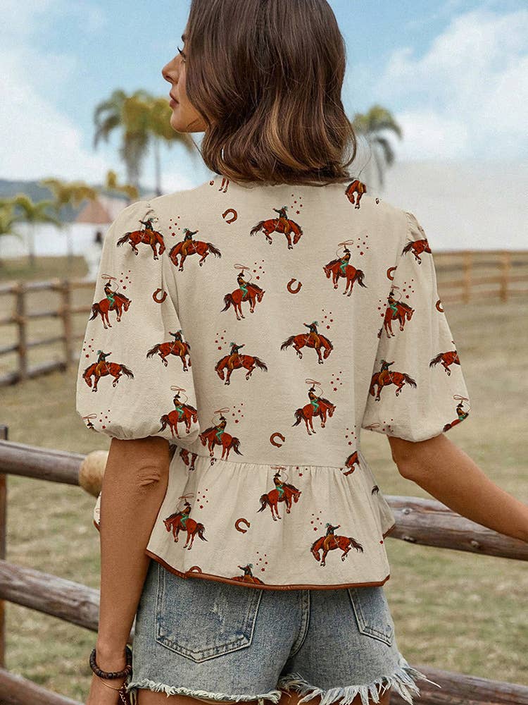 Rosa Clothing - Western cowboy Rodeo tie front puff sleeve cotton blouse