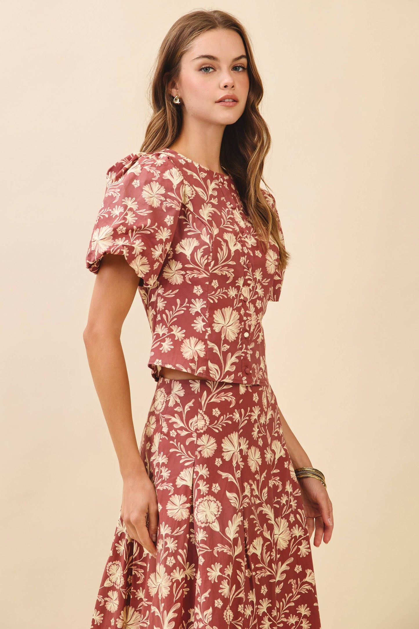 TCEC Floral Print Short Sleeve Button Down Top