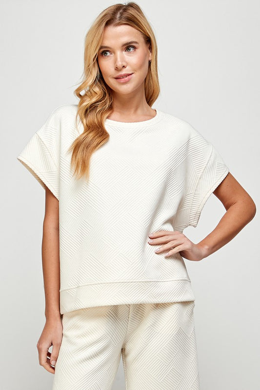 See And Be Seen Cream Textured Short Sleeve Textured Sweatshirt Top