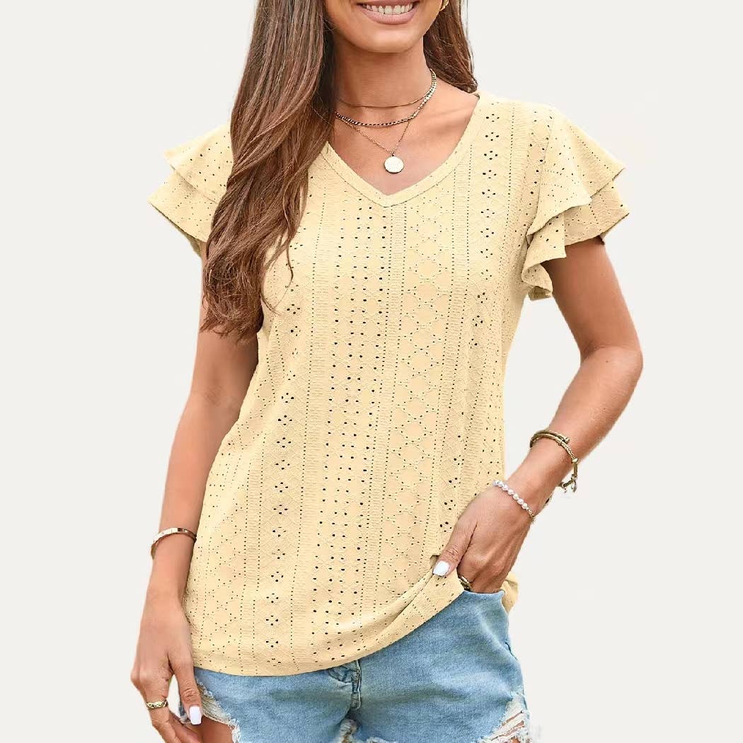 Chic Ruffle V Neck Pierced Pointelle Sheer Short Sleeve Top: WHITE / S