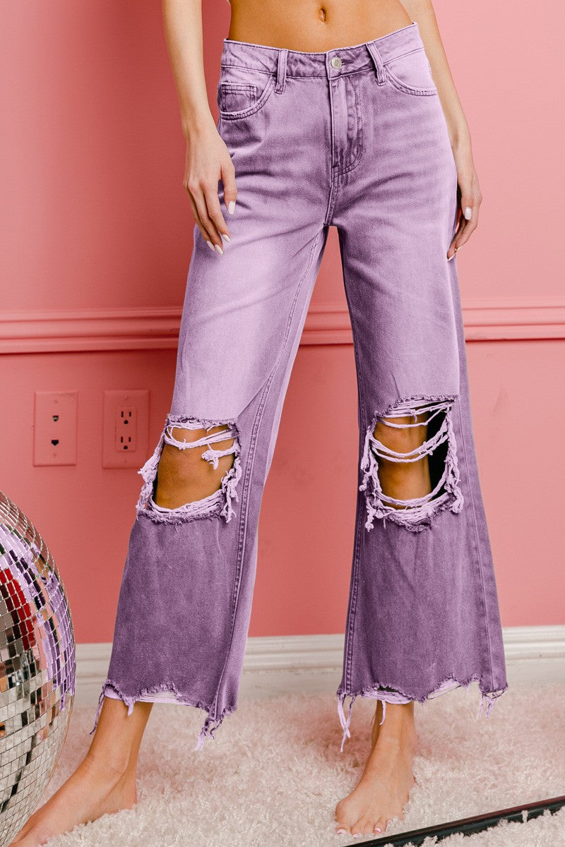 BiBi Distressed Vintage Washed Wide Leg Pants/ Vintage Lavender