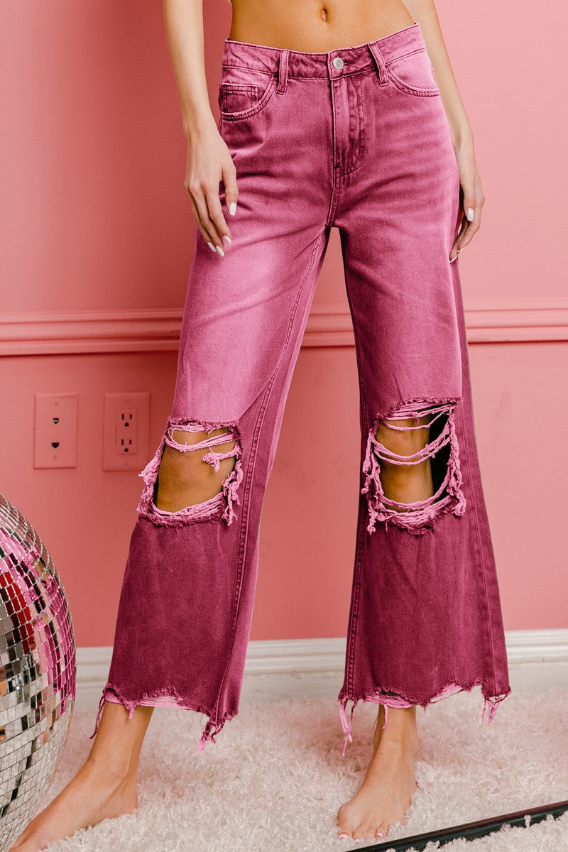 BiBi Distressed Vintage Washed Wide Leg Pants/ Fuchsia