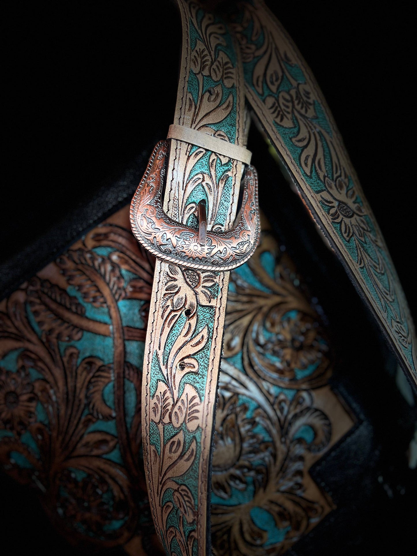 Equipage - Western Tooled Leather Cowhide Purse - Large Buckle Handbag: Turquoise Tooled