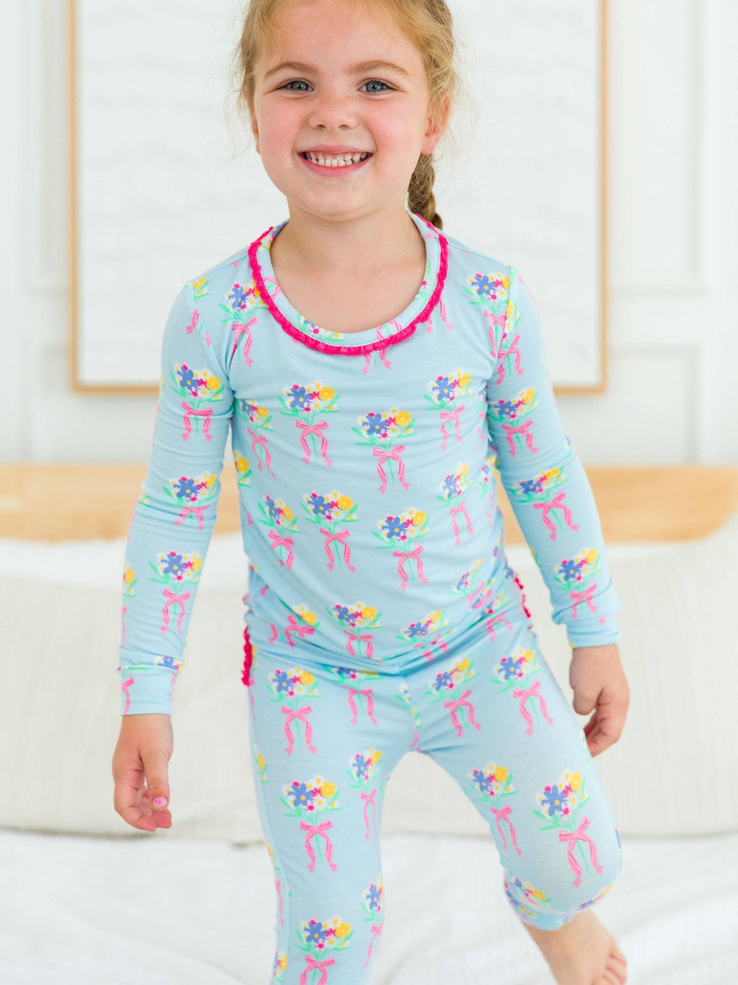 RuffleButts + RuggedButts - Toddler Girls Bows and Bouquets Bamboo Viscose Ruffle Long Sleeve Pajama Set