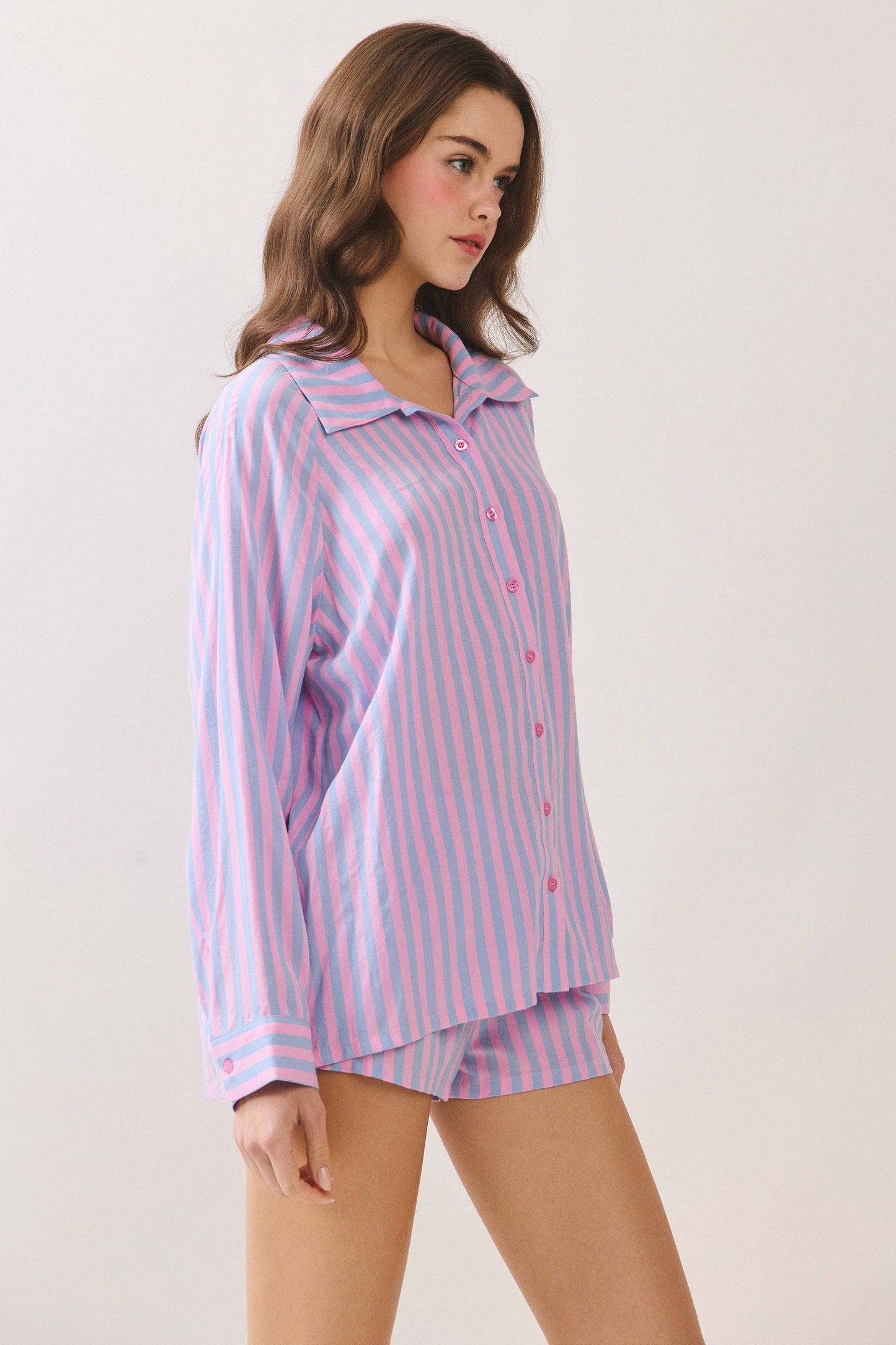 TCEC - CST1047-Striped Button Up Shirt and Matching Shorts Set