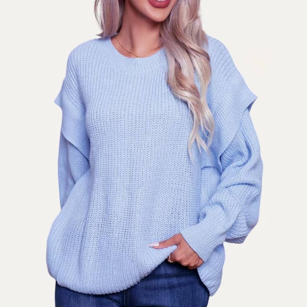 Classic Solid Round Neck Drop Shoulder Long Sleeve Sweater: Purple