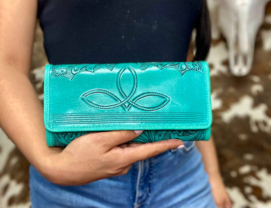 Western Linens - Turquoise BootStitch Tooled Leather Women's Wallet