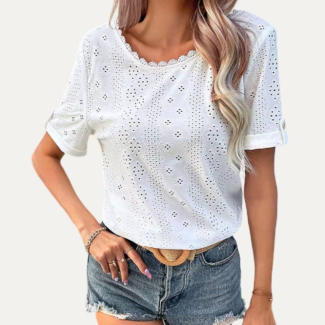 On-Trend Pierced Pointelle V Neck Short Sleeve Top