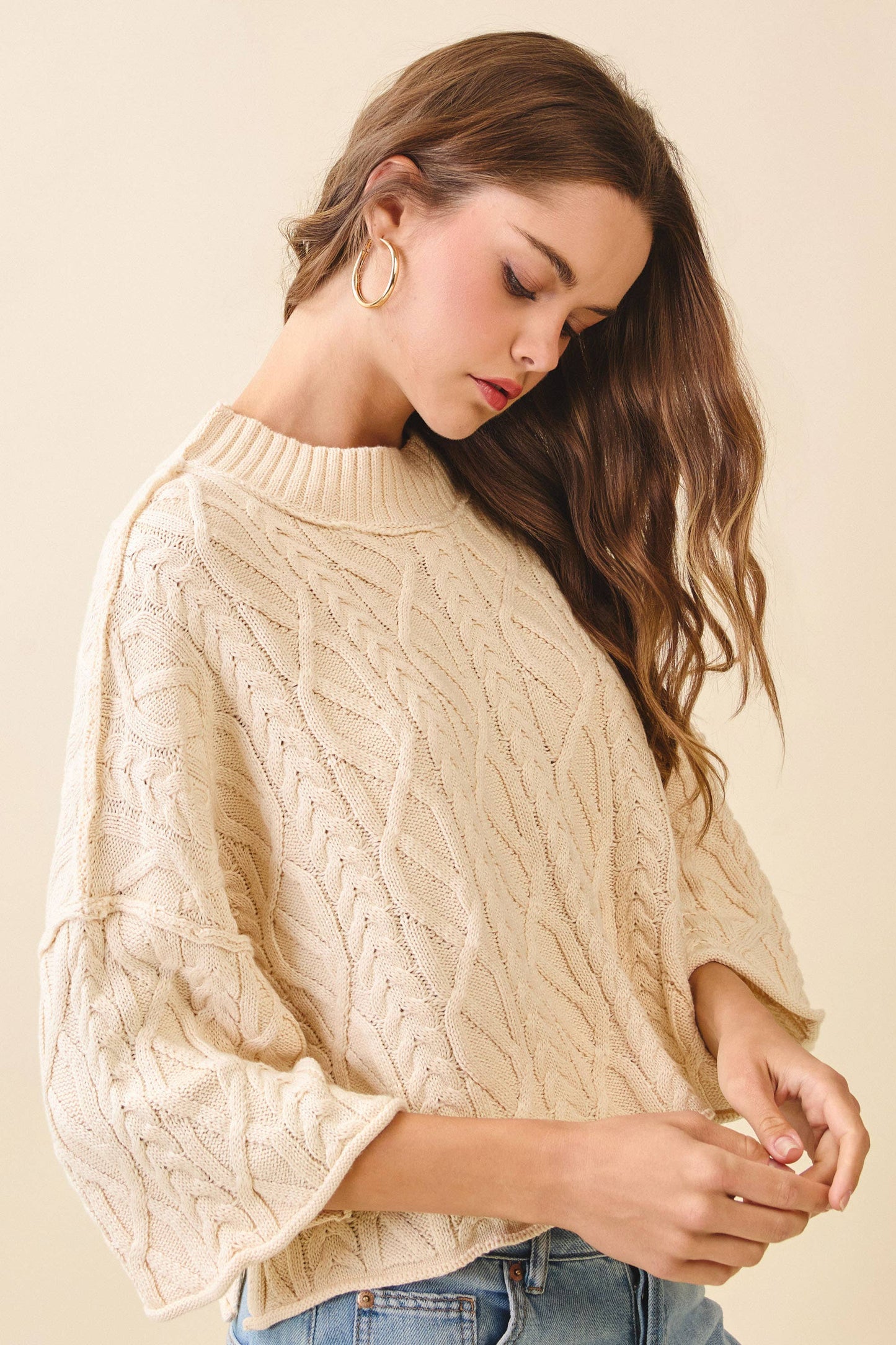 TCEC Chunky Ribbed Mock Neck Crop Cable Knit Sweater