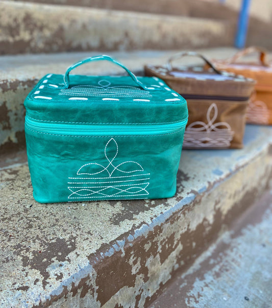 Western Linens - Turquoise BootStitch Makeup Bag with Handle  