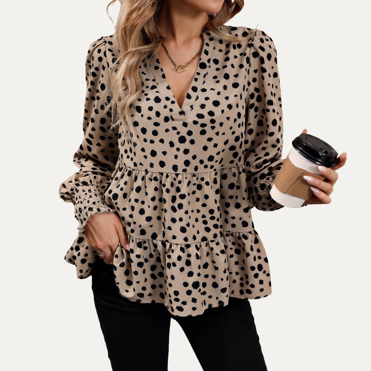 Adorable Khaki Dot Print V-Neck Babydoll Peplum Top