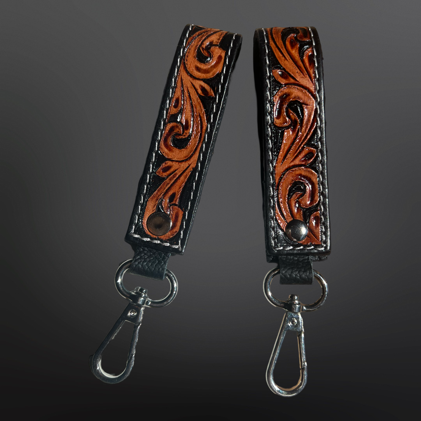 Equipage - Tooled Leather Western Black Floral Keychain