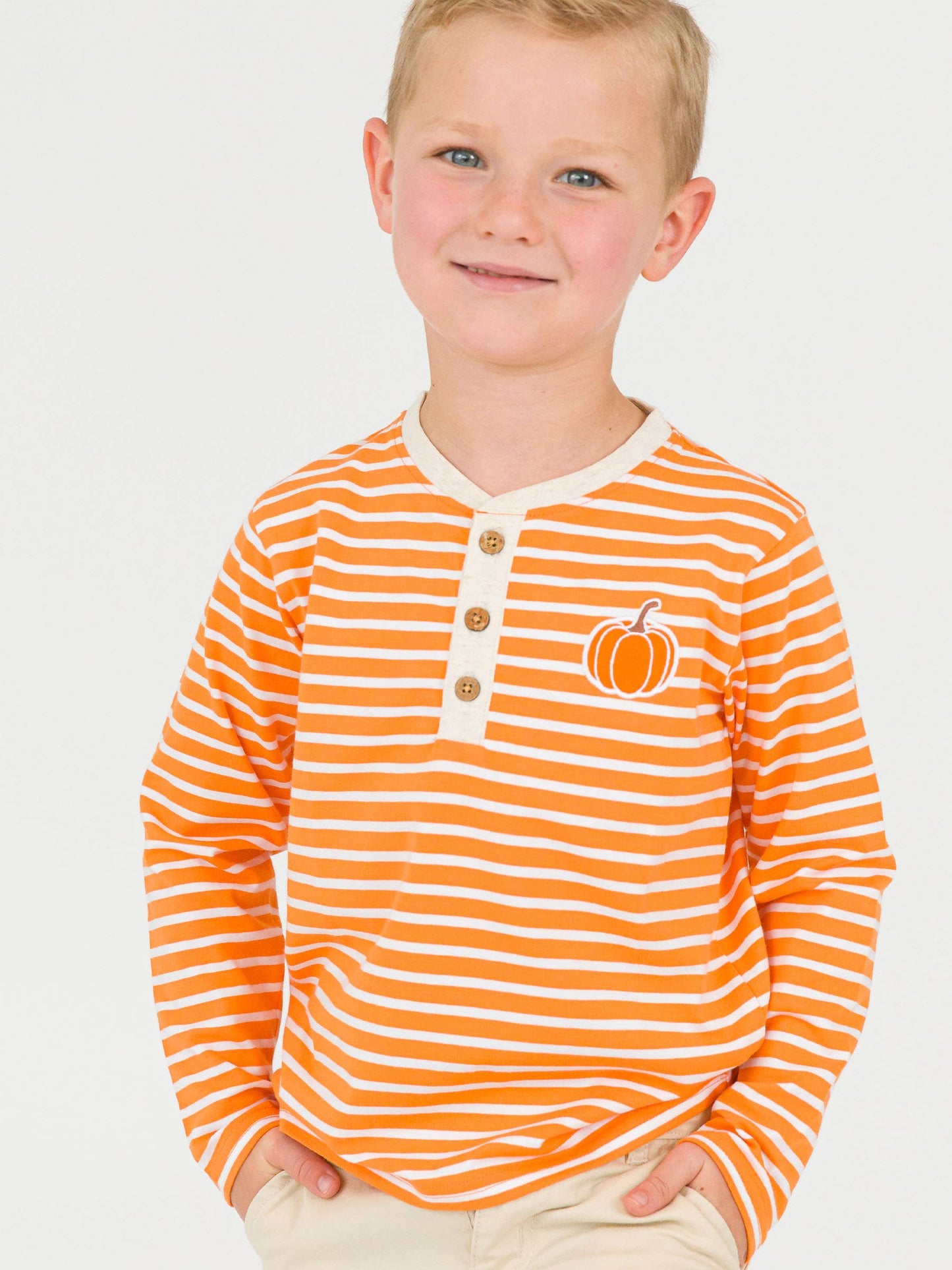 RuffleButts + RuggedButts - Boys Pumpkin Orange Stripe Knit Long Sleeve Embroidered Henley Tee