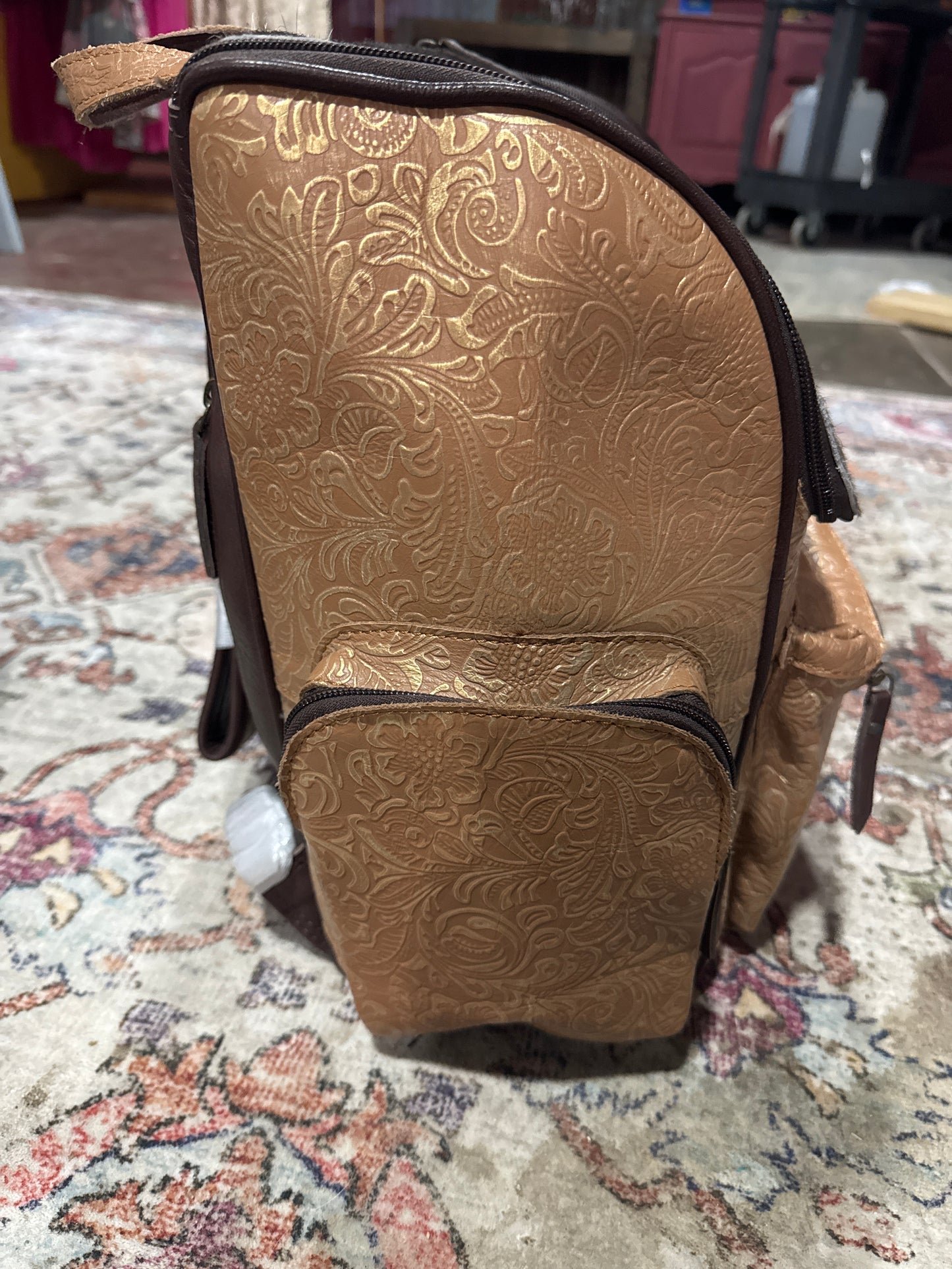 Gold Floral Embossed Leather Backpack
