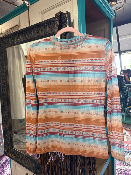 Orange Turquoise Aztec Mesh Shirt