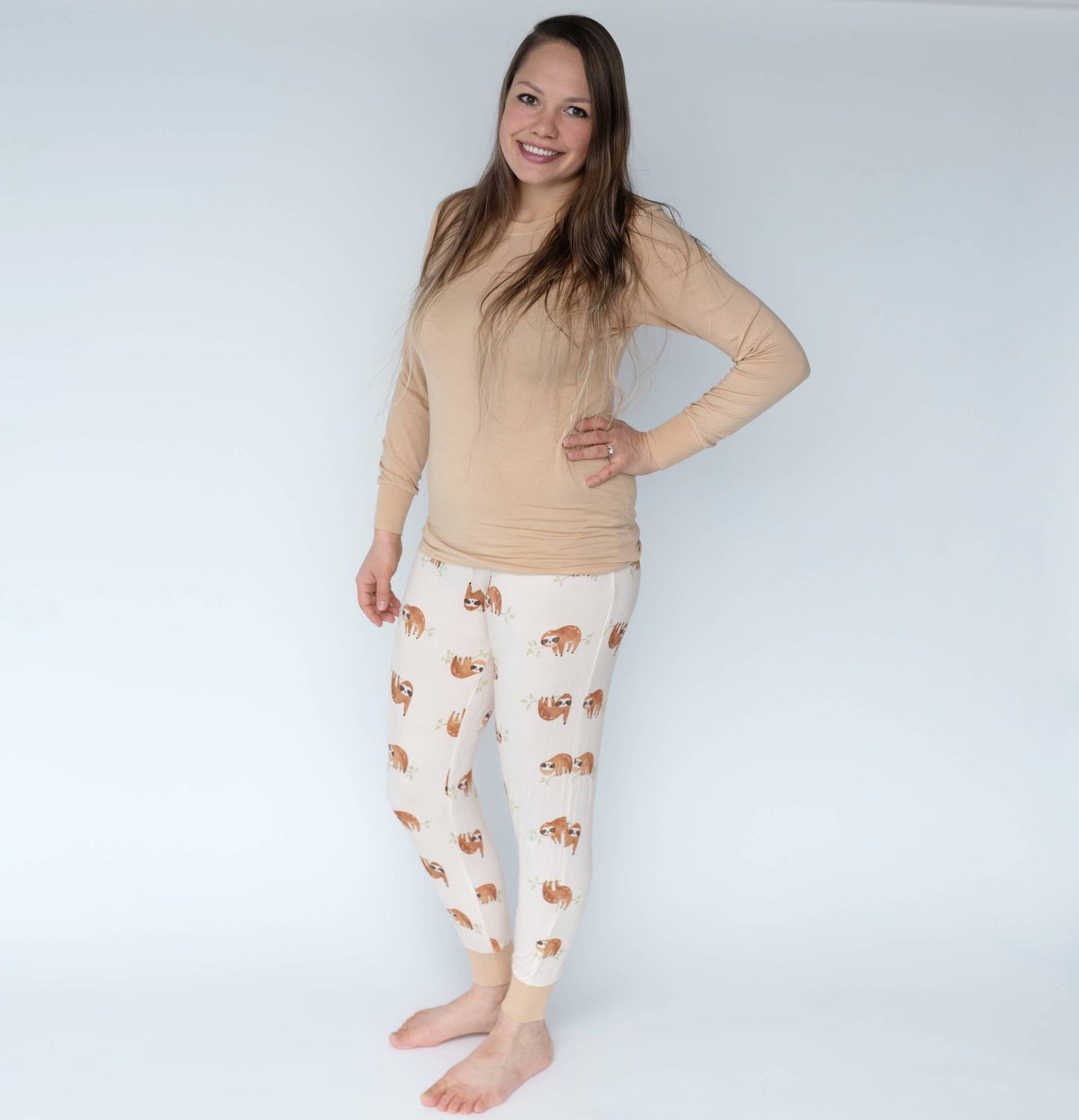 Women's Bamboo Long Sleeve Fitted Pajama Set: L / Prairie/Sleepy Sloth Print