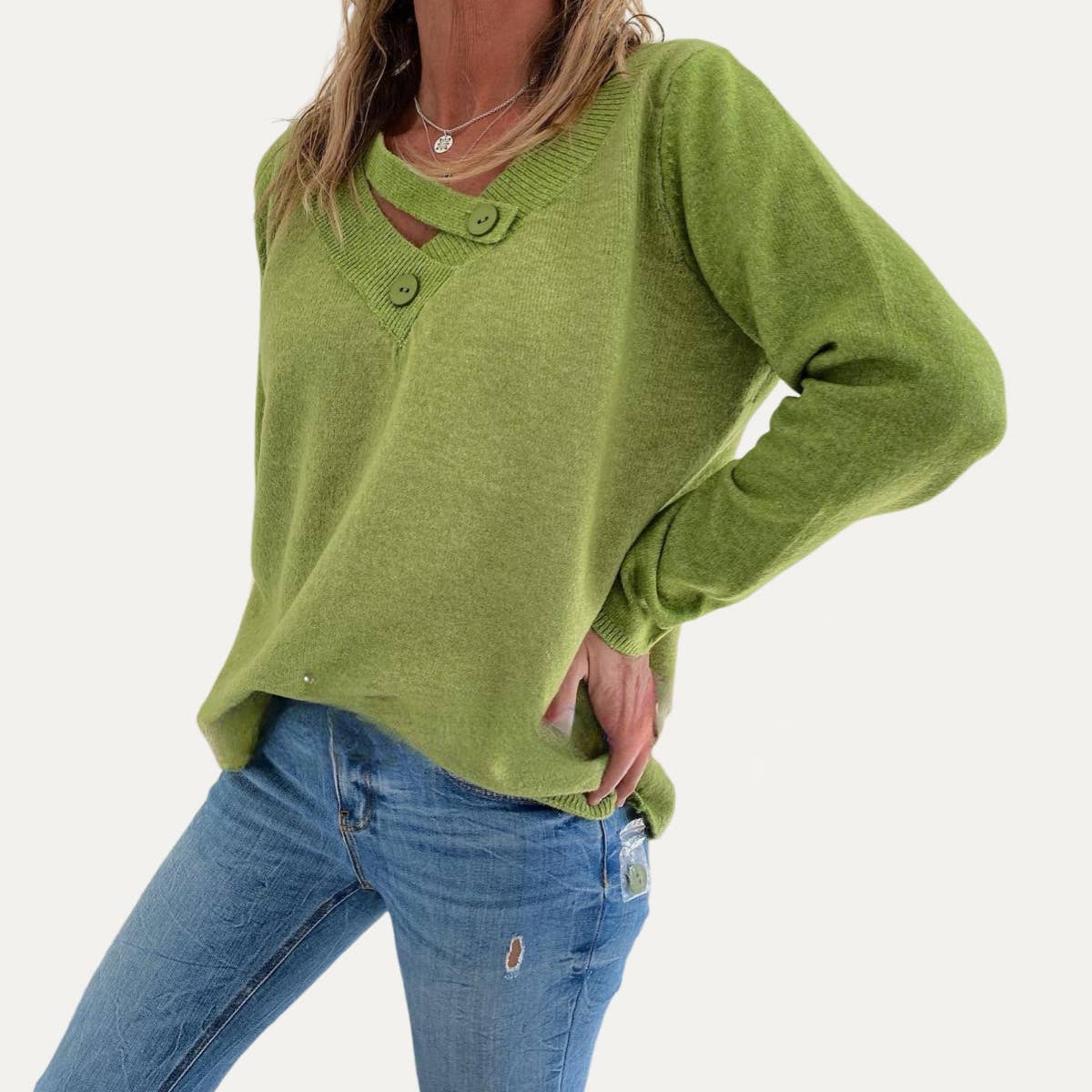 So Trendy Green V-Neck Long Sleeve Knit Sweater: Green