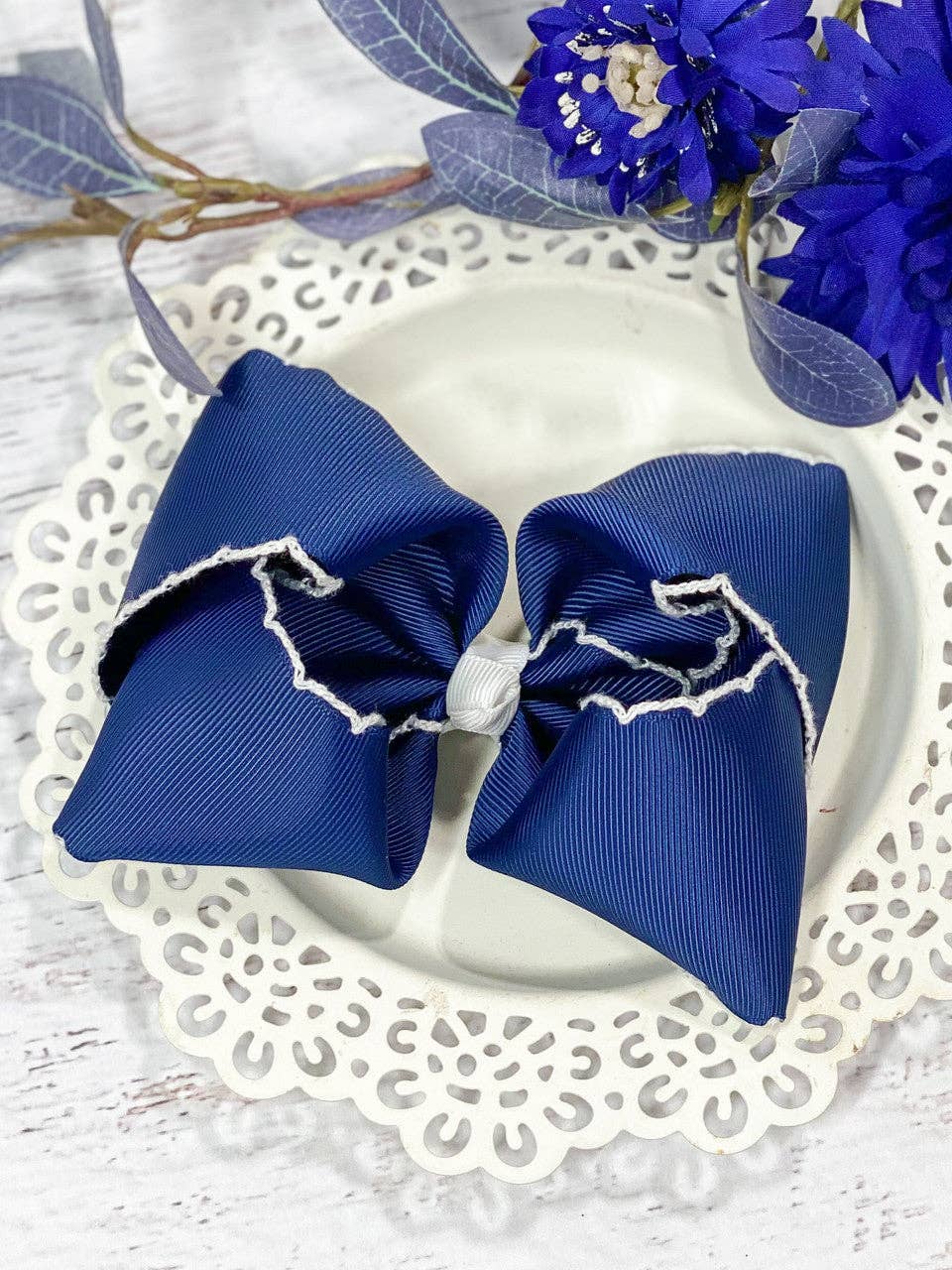 The Hair Bow Company - Navy with White Moonstitch Hair Bow