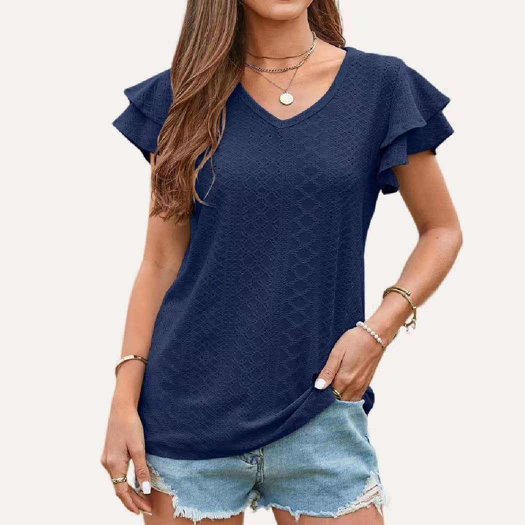 Chic Ruffle V Neck Pierced Pointelle Sheer Short Sleeve Top: BLACK / L