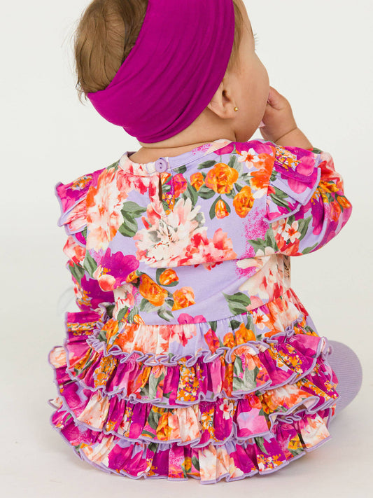 RuffleButts + RuggedButts - Baby Girls Lavender Valley Knit Long Sleeve Flutter Bubble Romper