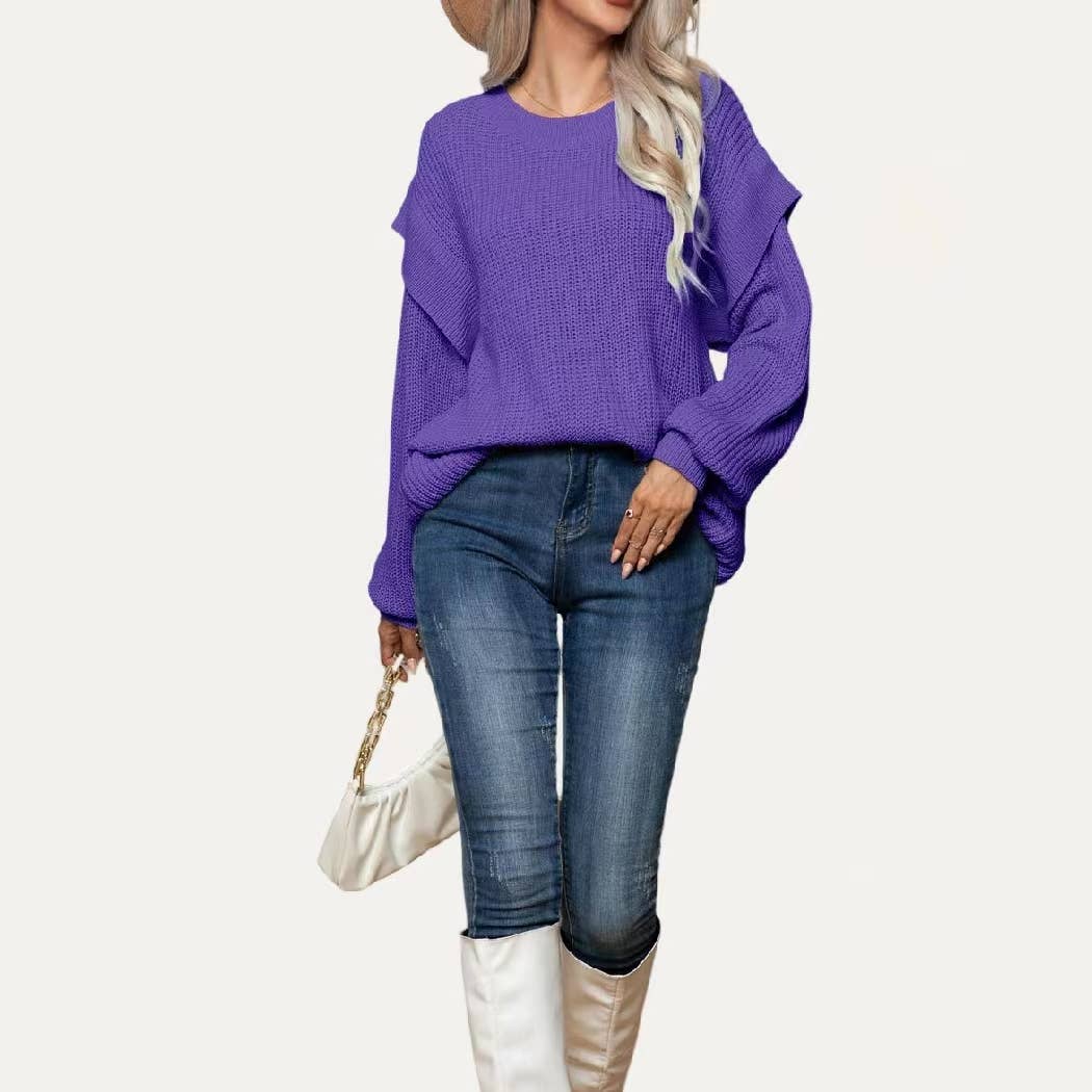 Classic Solid Round Neck Drop Shoulder Long Sleeve Sweater: Purple