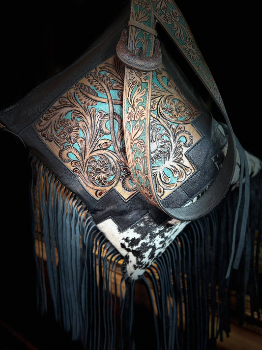 Equipage - Western Tooled Leather Cowhide Purse - Large Buckle Handbag: Turquoise Tooled