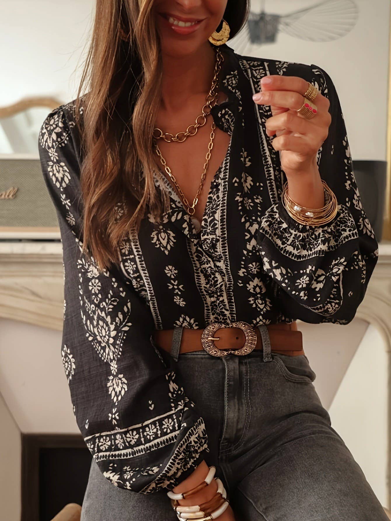 I’m Retro Bohemian Floral Geometric Print Blouse