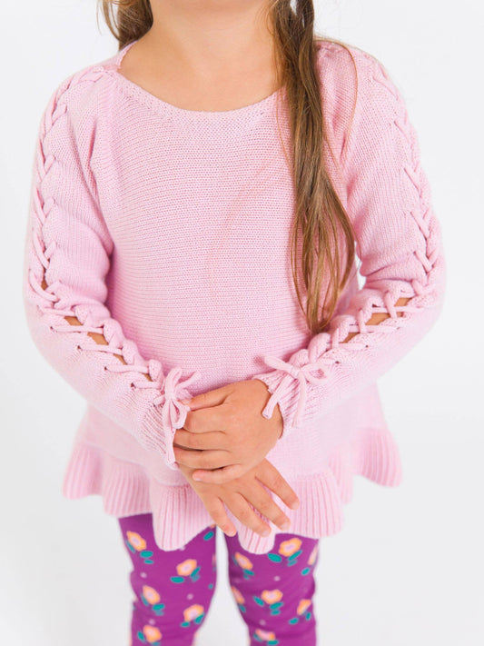 RuffleButts + RuggedButts - Girls Pink Ruffle Hem Lace Up Sweater