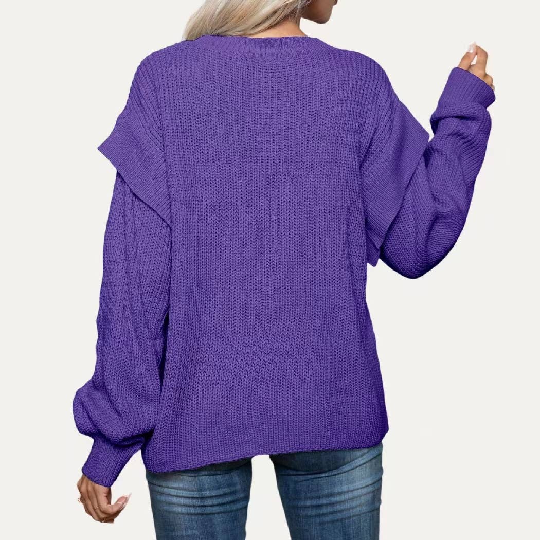 Classic Solid Round Neck Drop Shoulder Long Sleeve Sweater: Purple