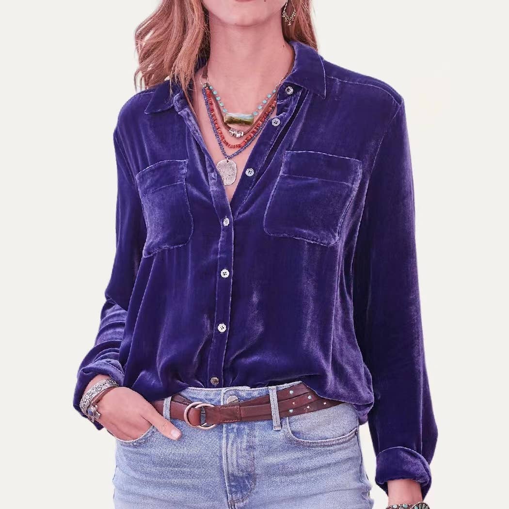 Classic Solid Velet Collared Buttons Down Long Sleeve Top: Purple / S