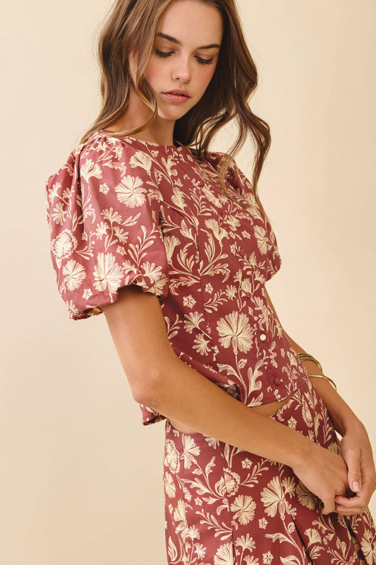 TCEC Floral Print Short Sleeve Button Down Top