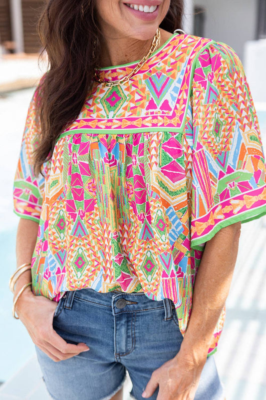 FULL TIME PURCHASE - Geometric Print Bell Sleeve O Neck Babydoll Blouse