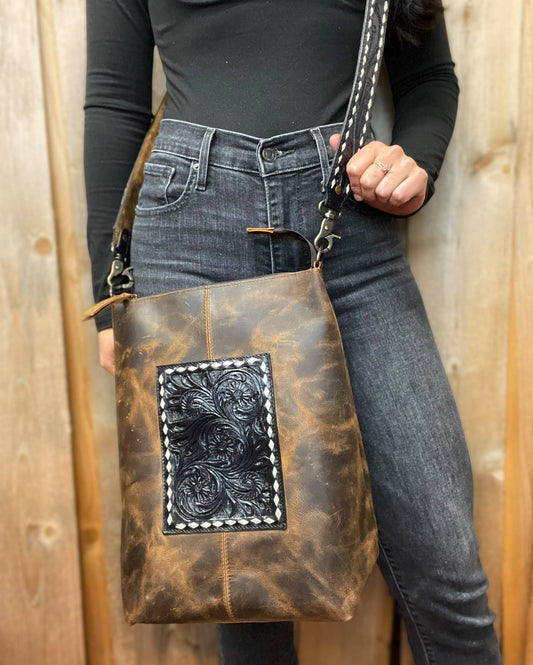 Western Linens - Brown Rustic Leather & Tooled Floral Crossbody   