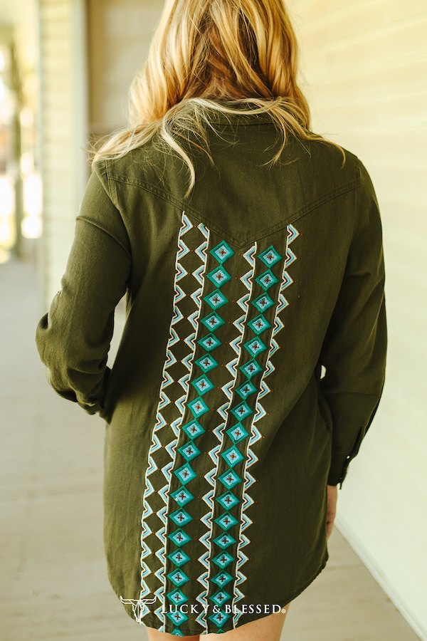 Olive Stretch Denim Embroidered Long Sleeve Shirt Dress