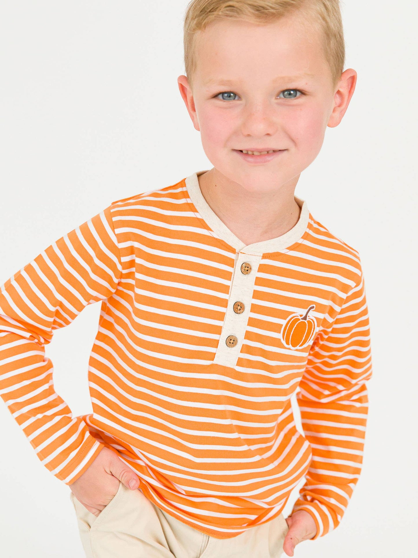 RuffleButts + RuggedButts - Boys Pumpkin Orange Stripe Knit Long Sleeve Embroidered Henley Tee