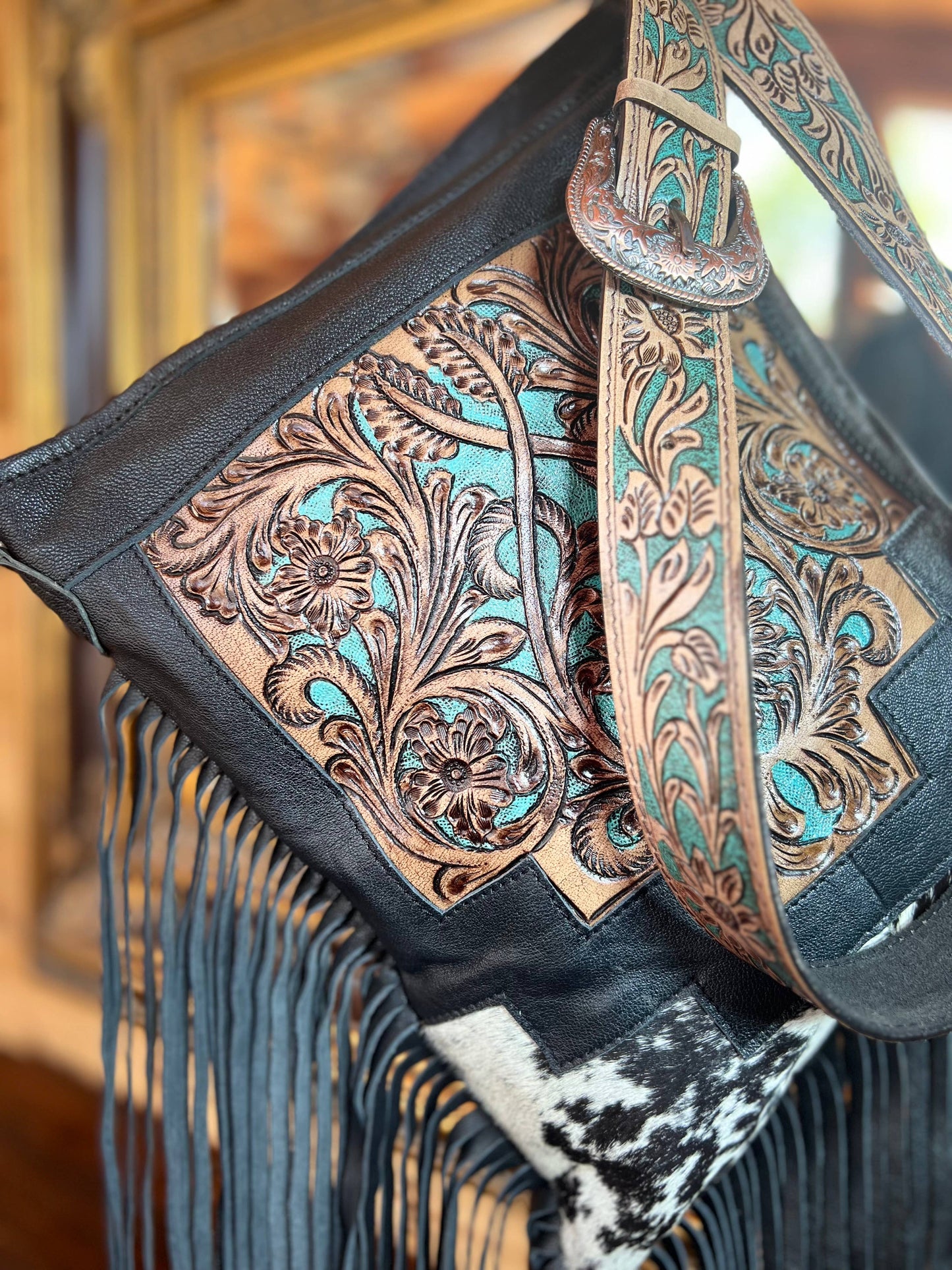 Equipage - Western Tooled Leather Cowhide Purse - Large Buckle Handbag: Turquoise Tooled