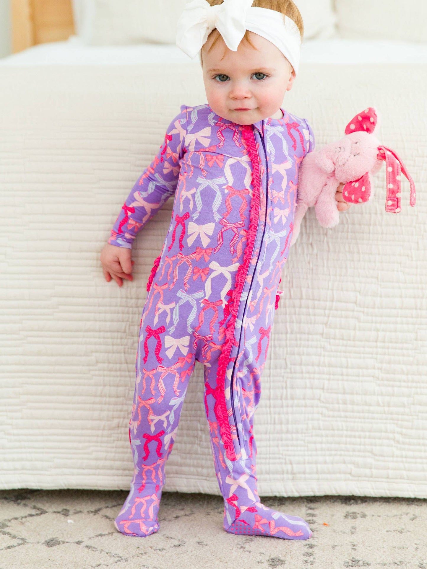RuffleButts + RuggedButts - Baby Girls Rosy Ribbons Bamboo Viscose Footed Ruffle One Piece Pajama