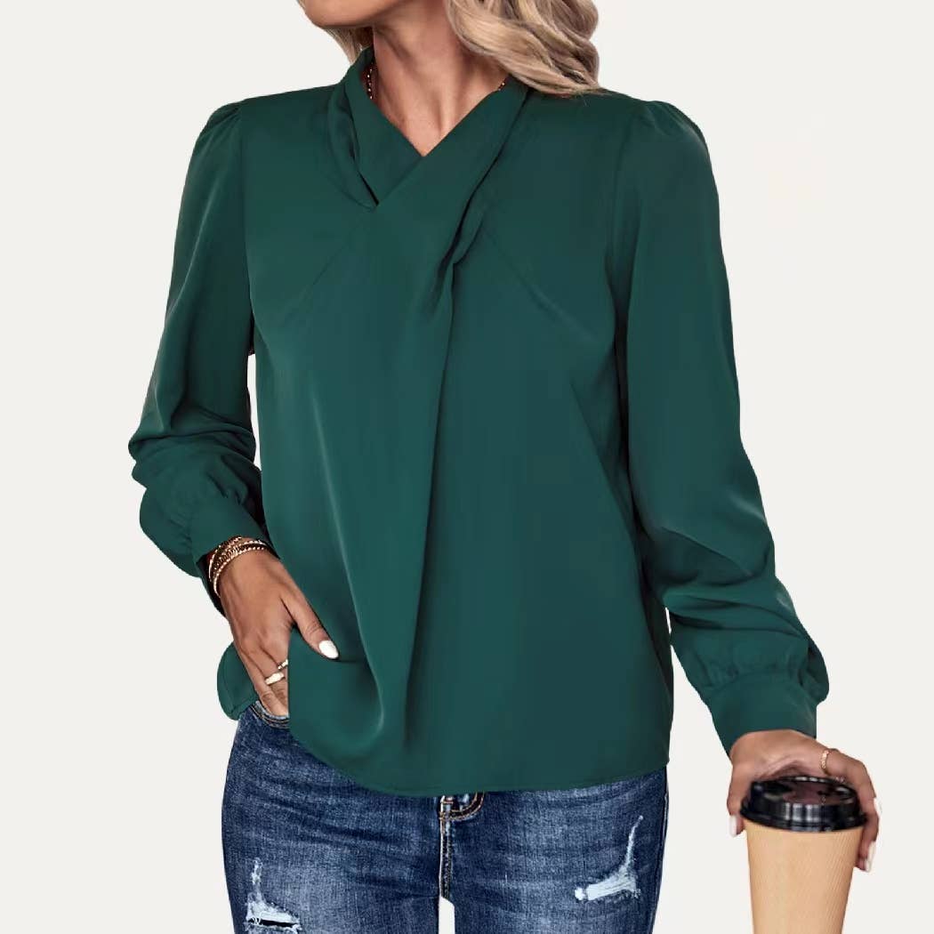 Graceful Dark Green Halter Neck Long Sleeve Top: Dark Green