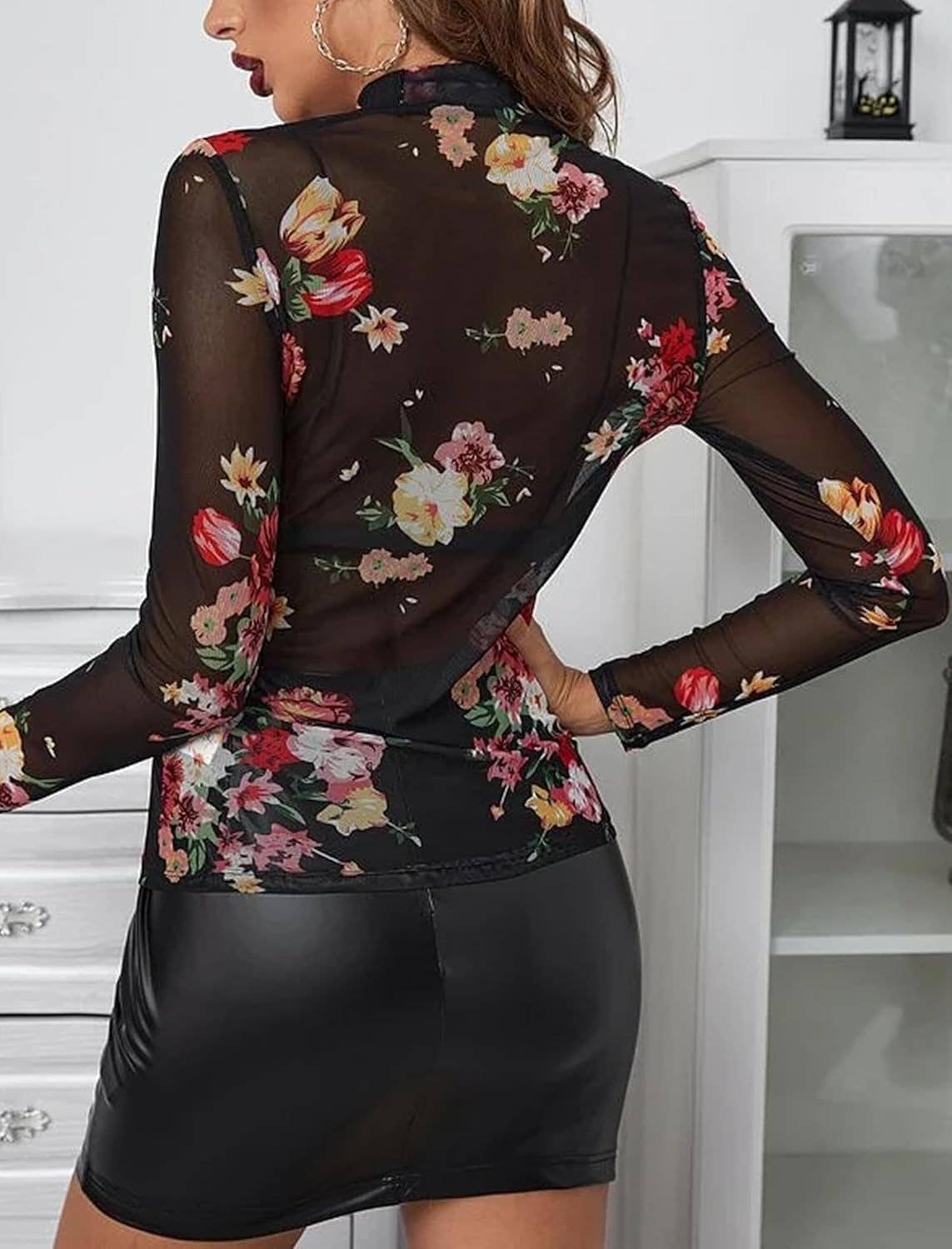 Rosa Clothing - Floral Print Mock Neck Sheer Mesh Top