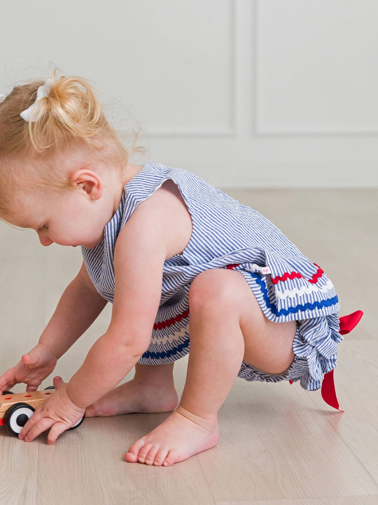 RuffleButts + RuggedButts - Baby Girls Classic Blue Americana Seersucker Ric Rac Swing Top & Bloomer Set