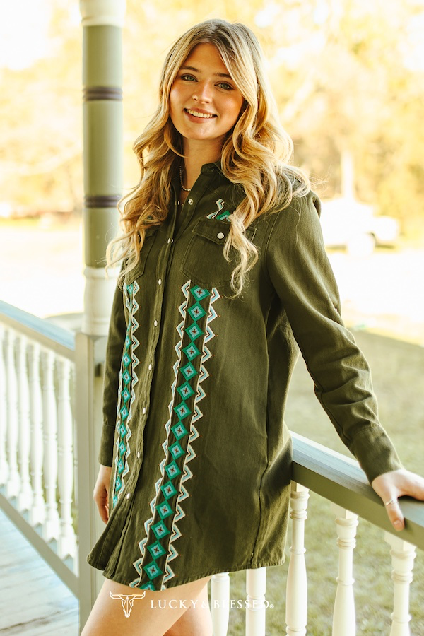 Olive Stretch Denim Embroidered Long Sleeve Shirt Dress