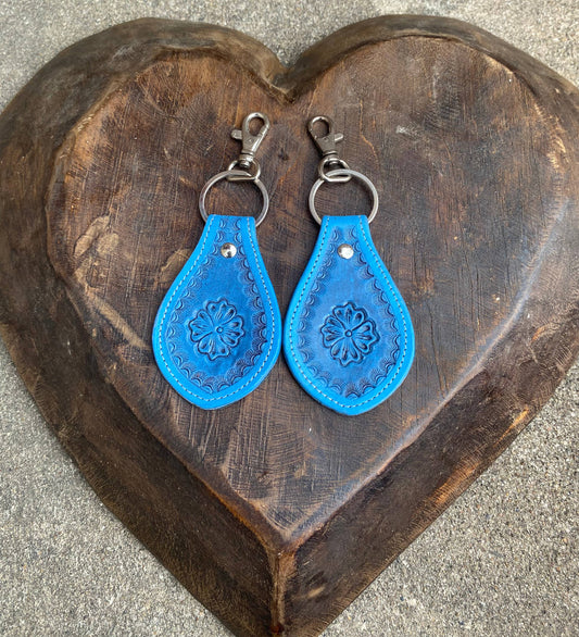 Western Linens - Blue Flower Leather Keychain