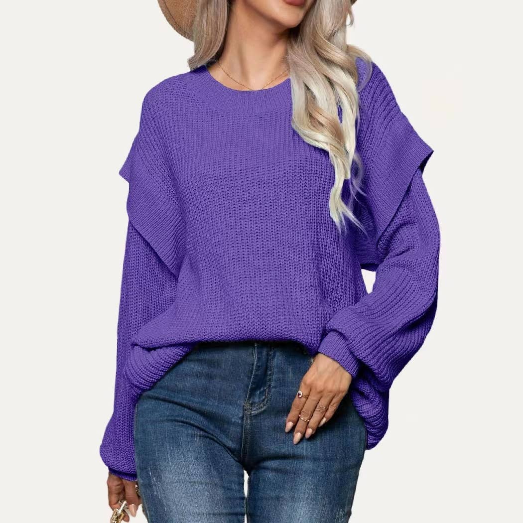 Classic Solid Round Neck Drop Shoulder Long Sleeve Sweater: Purple