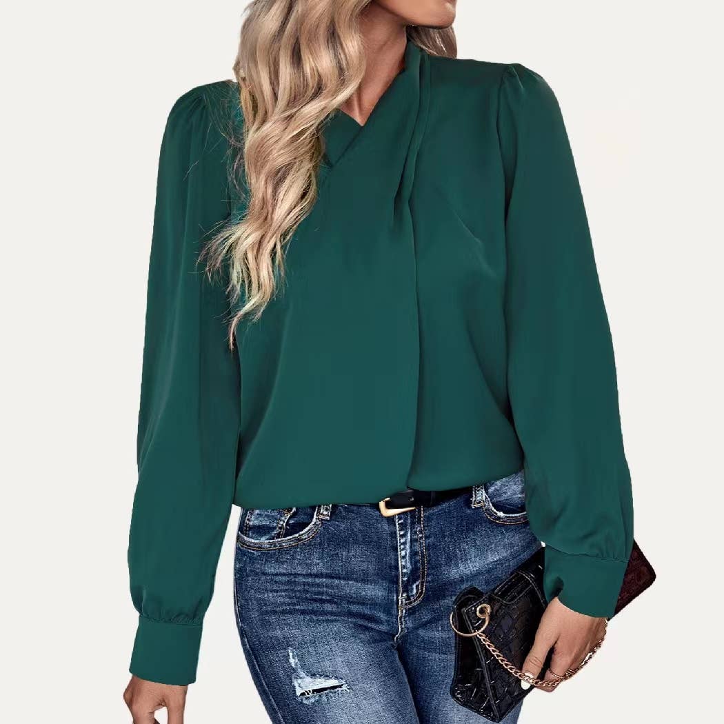 Graceful Dark Green Halter Neck Long Sleeve Top: Dark Green