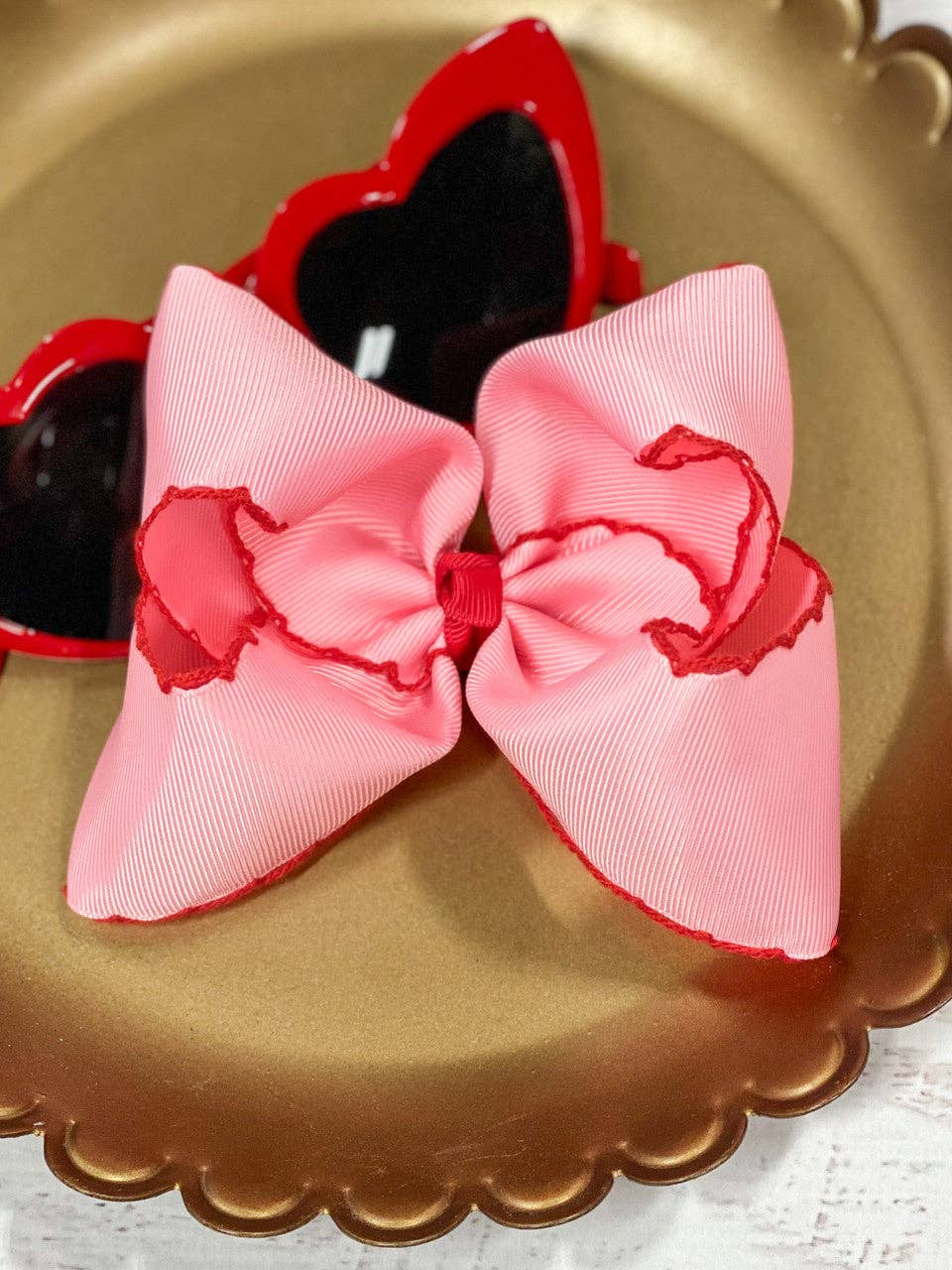 The Hair Bow Company - Pink with Red Moonstitch Hair Bow
