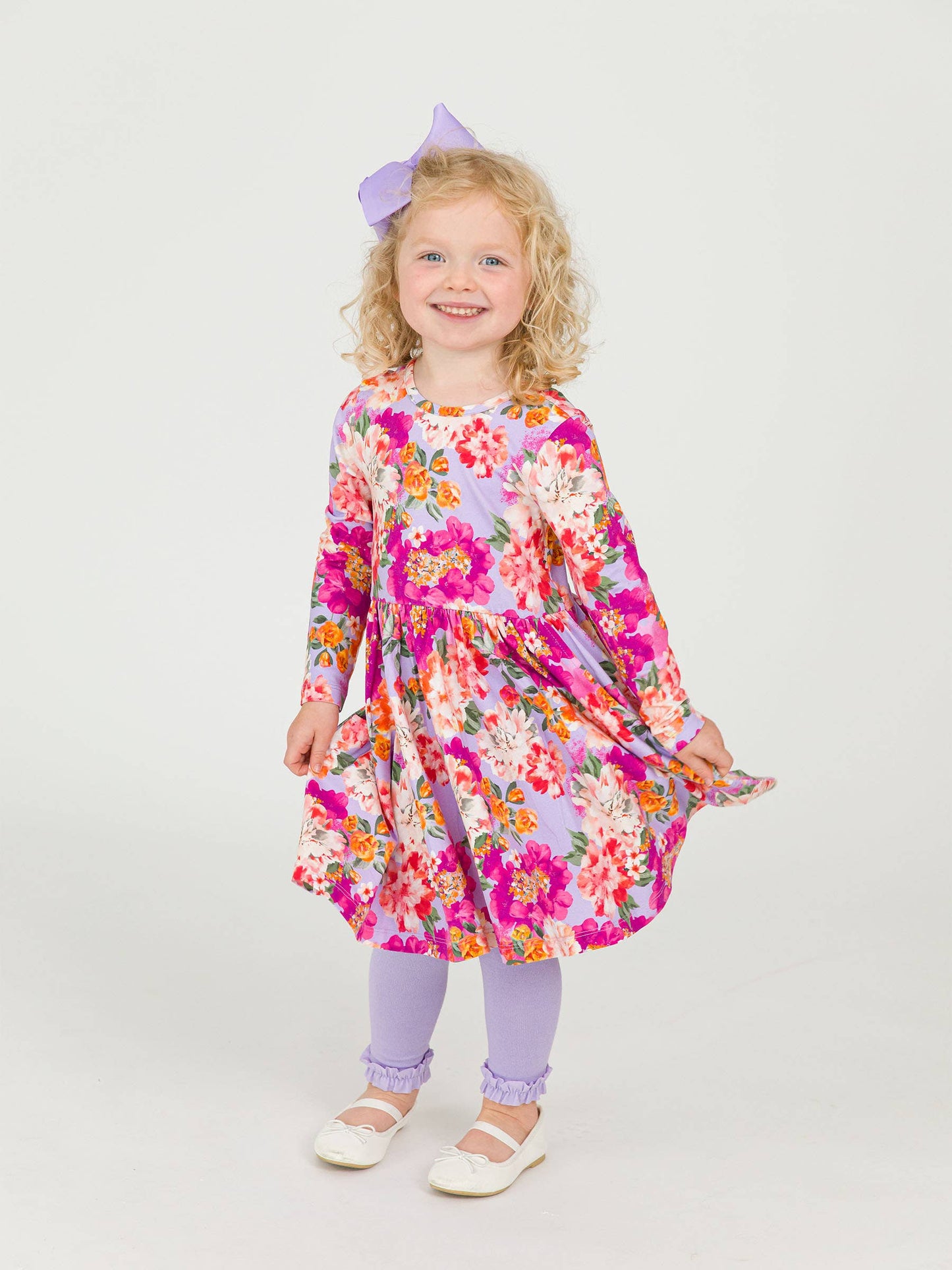 RuffleButts + RuggedButts - Girls Lavender Valley Knit Long Sleeve Twirl Dress