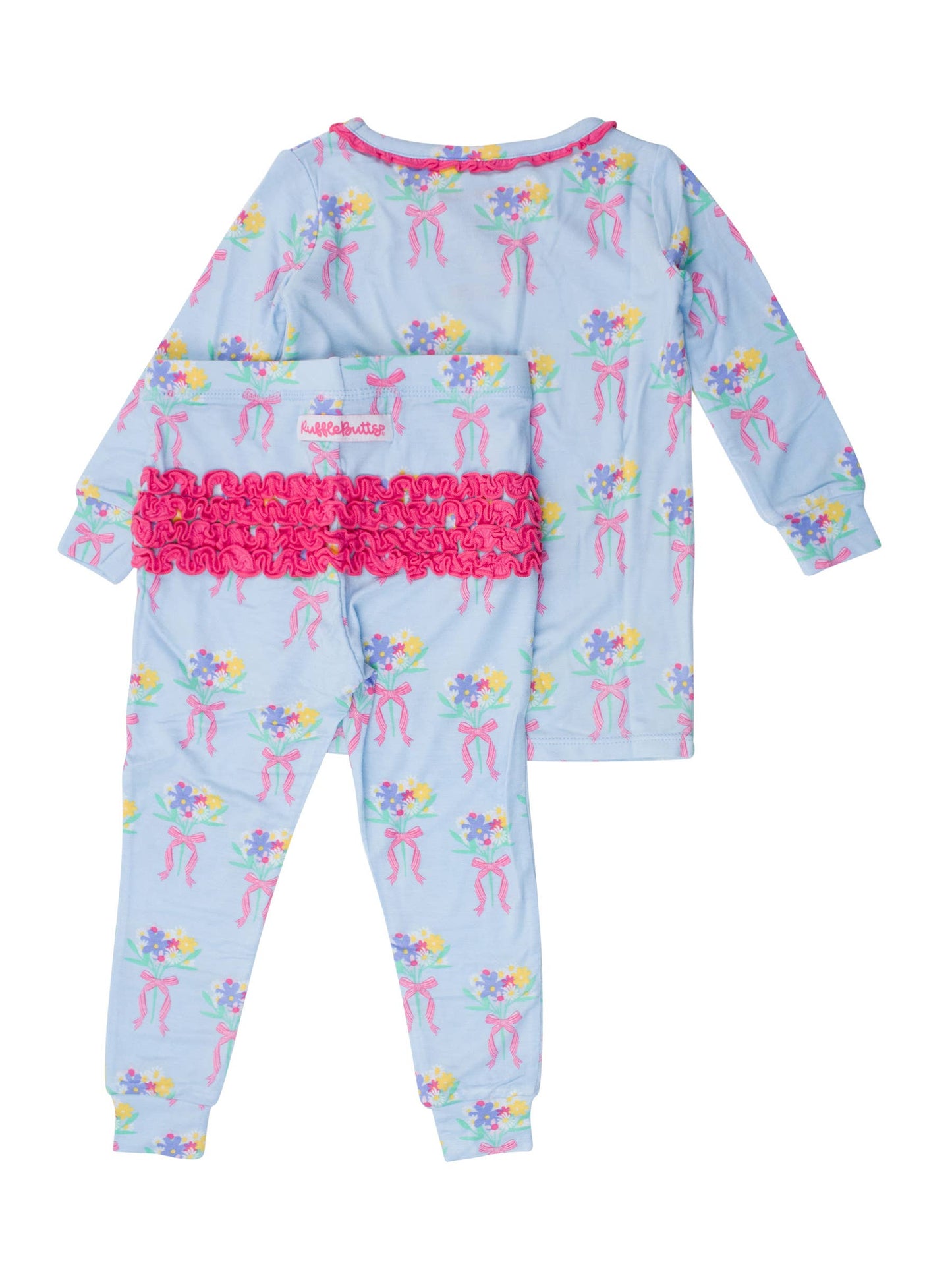 RuffleButts + RuggedButts - Toddler Girls Bows and Bouquets Bamboo Viscose Ruffle Long Sleeve Pajama Set