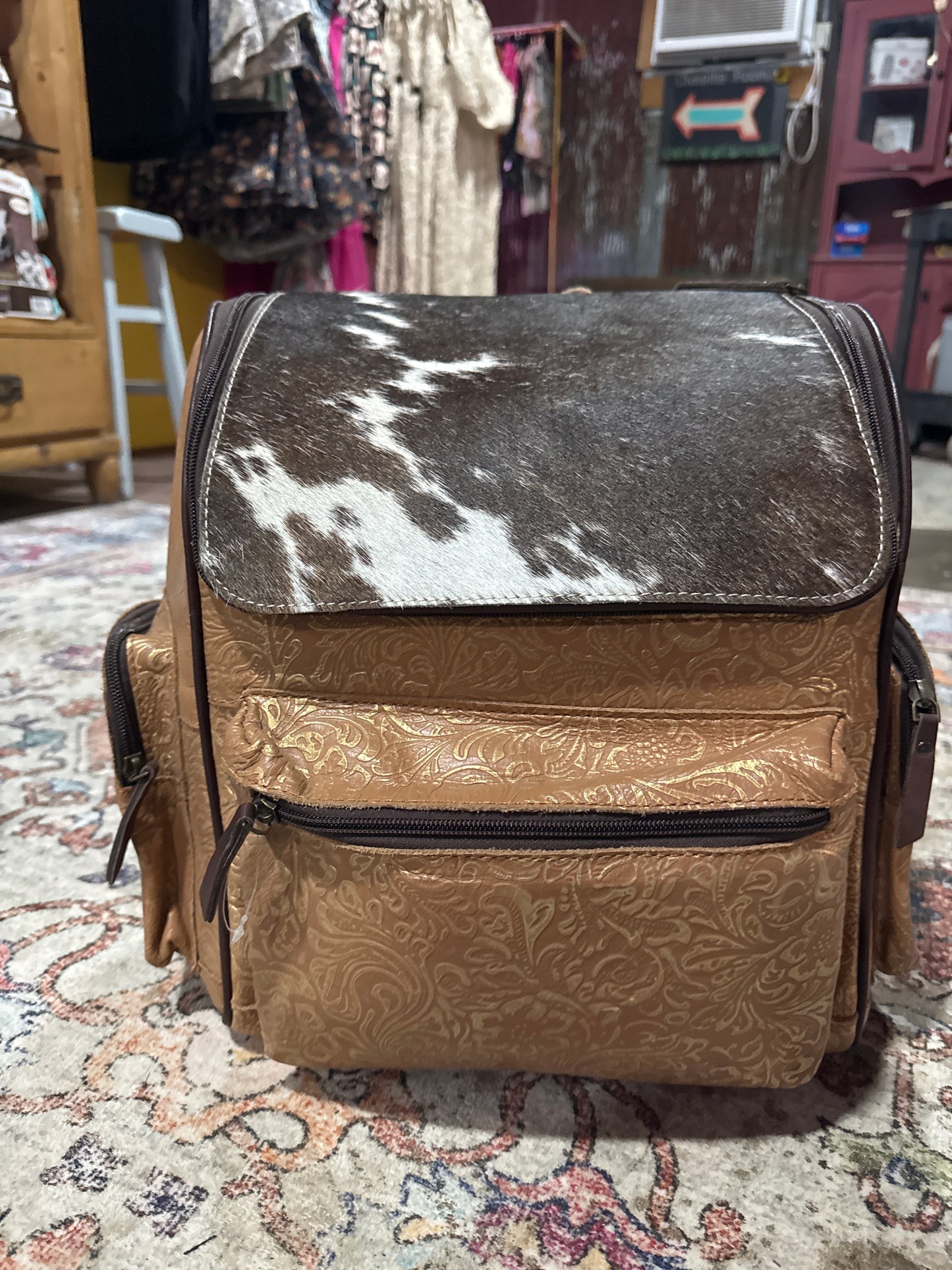 Gold Floral Embossed Leather Backpack
