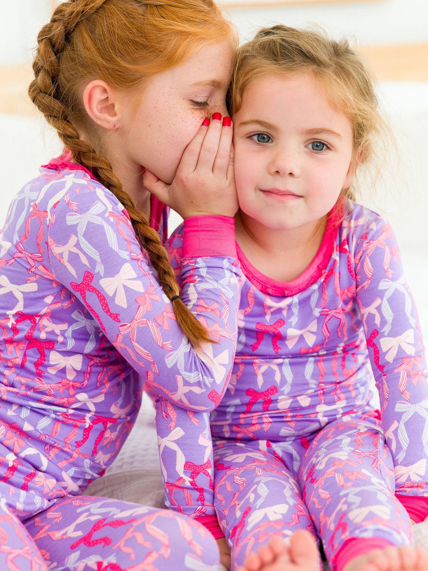 RuffleButts + RuggedButts - Toddler Girls Rosy Ribbons Bamboo Viscose Ruffle Long Sleeve Pajama Set